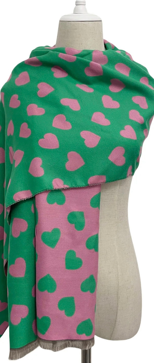 Colourful heart print reversible scarf- baby pink & green