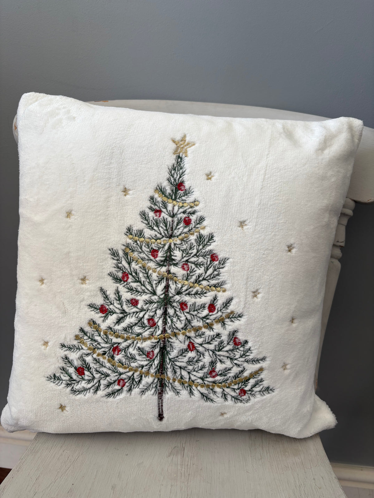 Fluffy white christmas snow tree embroidered cushion