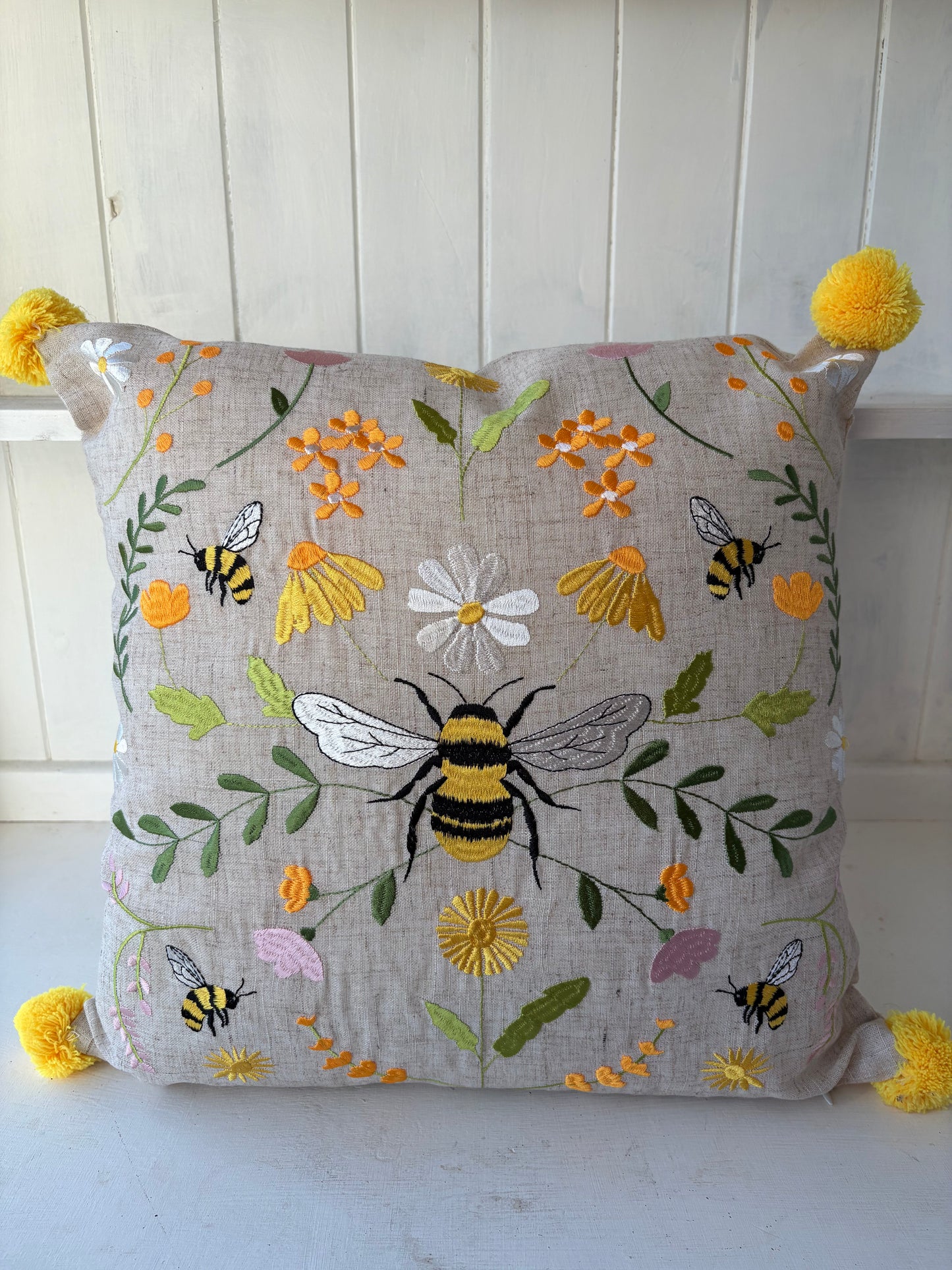 Embroidered Bee Pom Pom cushion