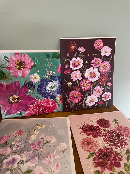 Beautiful card pack of 4 - printed in Britain on 100% recycled card - flowers