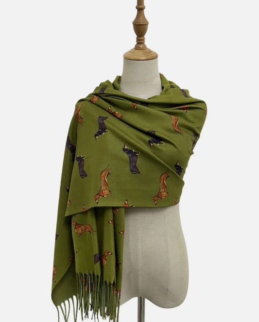 Cashmere blend Dachshund design scarf  - green