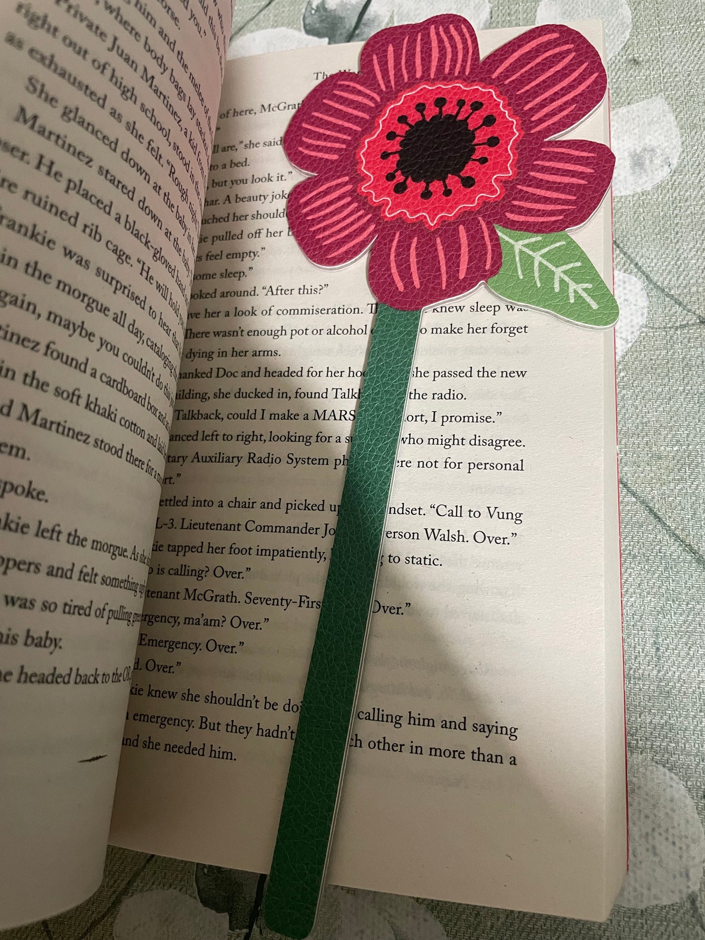 Leather style bookmark - poppy