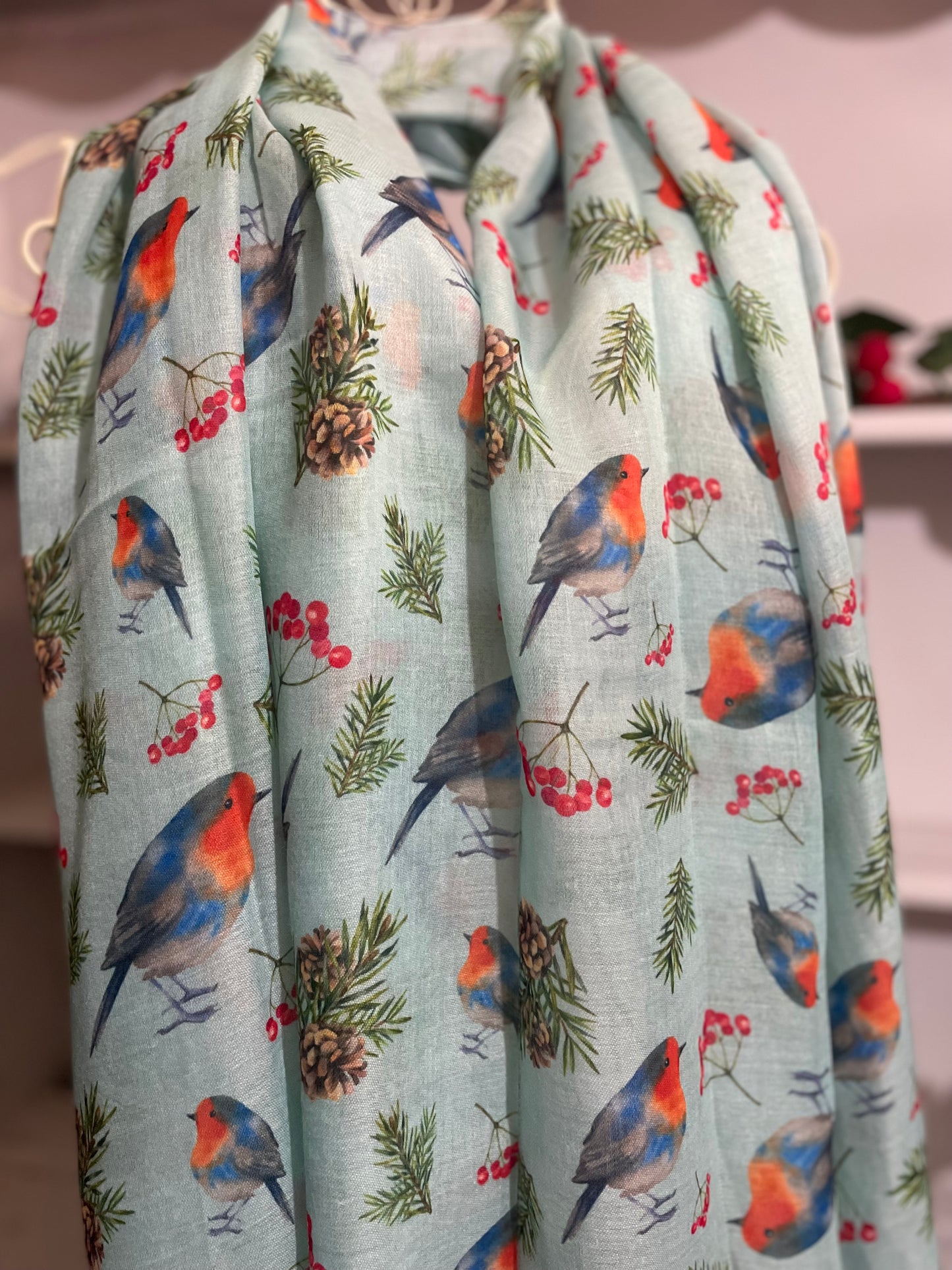 Festive Robin and berry print scarf