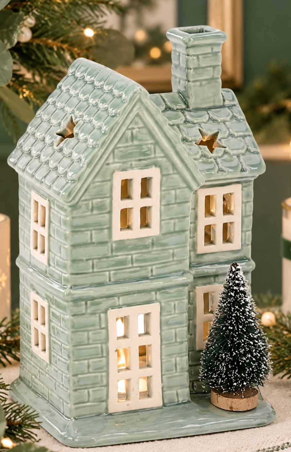 Festive sage green house star candle house large