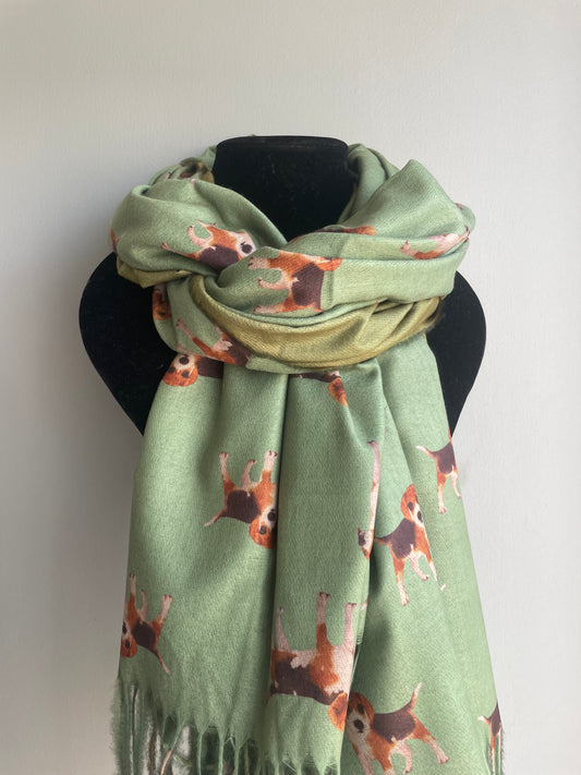Cashmere feel scarf - beagle hound design - green