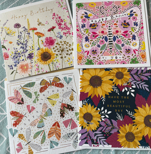 Pack of 4 - recycled, British-made, Eco friendly cards - flutter & flower