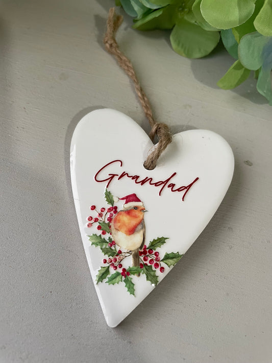 Robin ceramic heart - Grandad