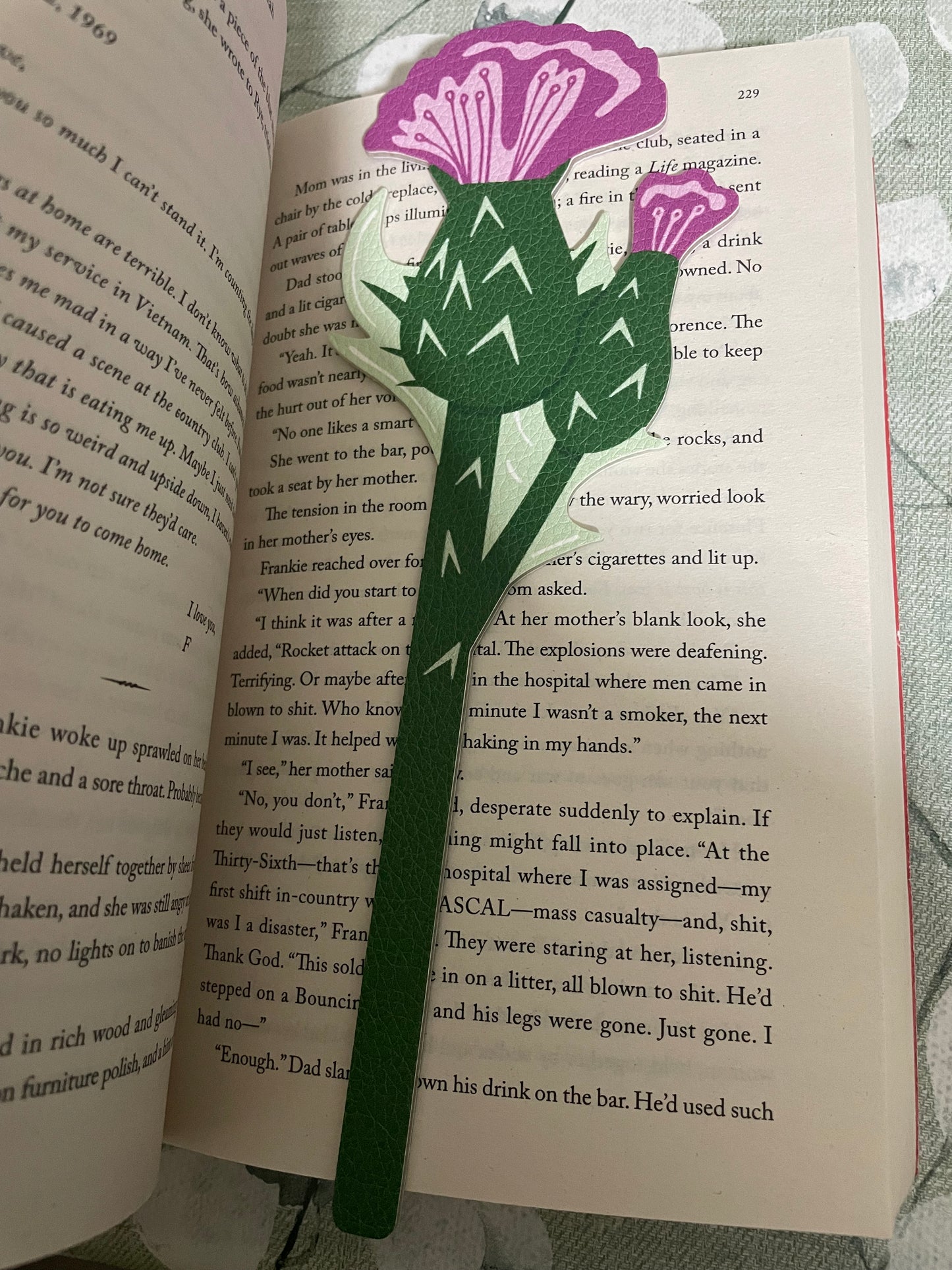 Leather style bookmark - thistle