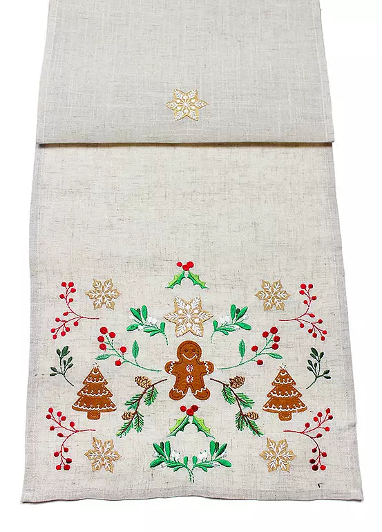 Gingerbread garden embroidered table runner
