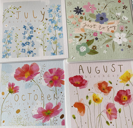 Pack of 4 - Recycled, British made, Eco friendly cards - birthday month