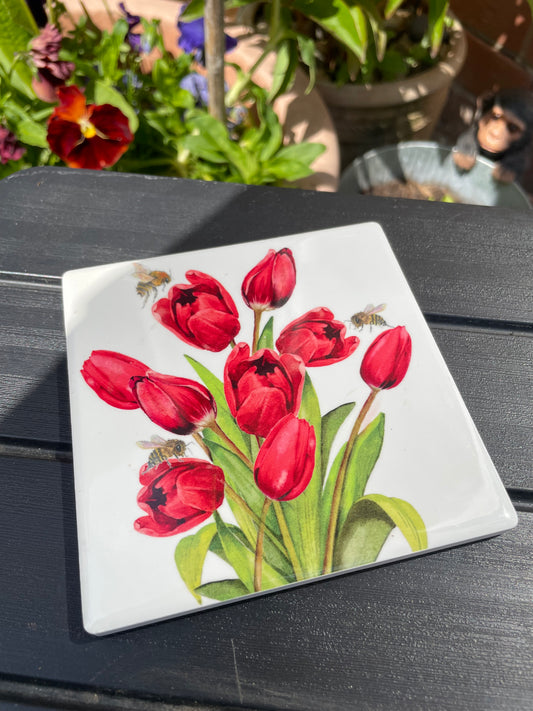 Tulip and bee ceramic coaster