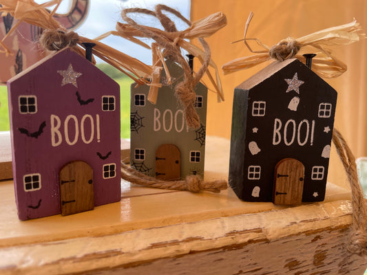 Set of three handmade wood BOO decor