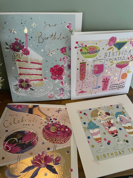 Beautiful card pack of 4 - printed in Britain on 100% recycled card - cake & drinks
