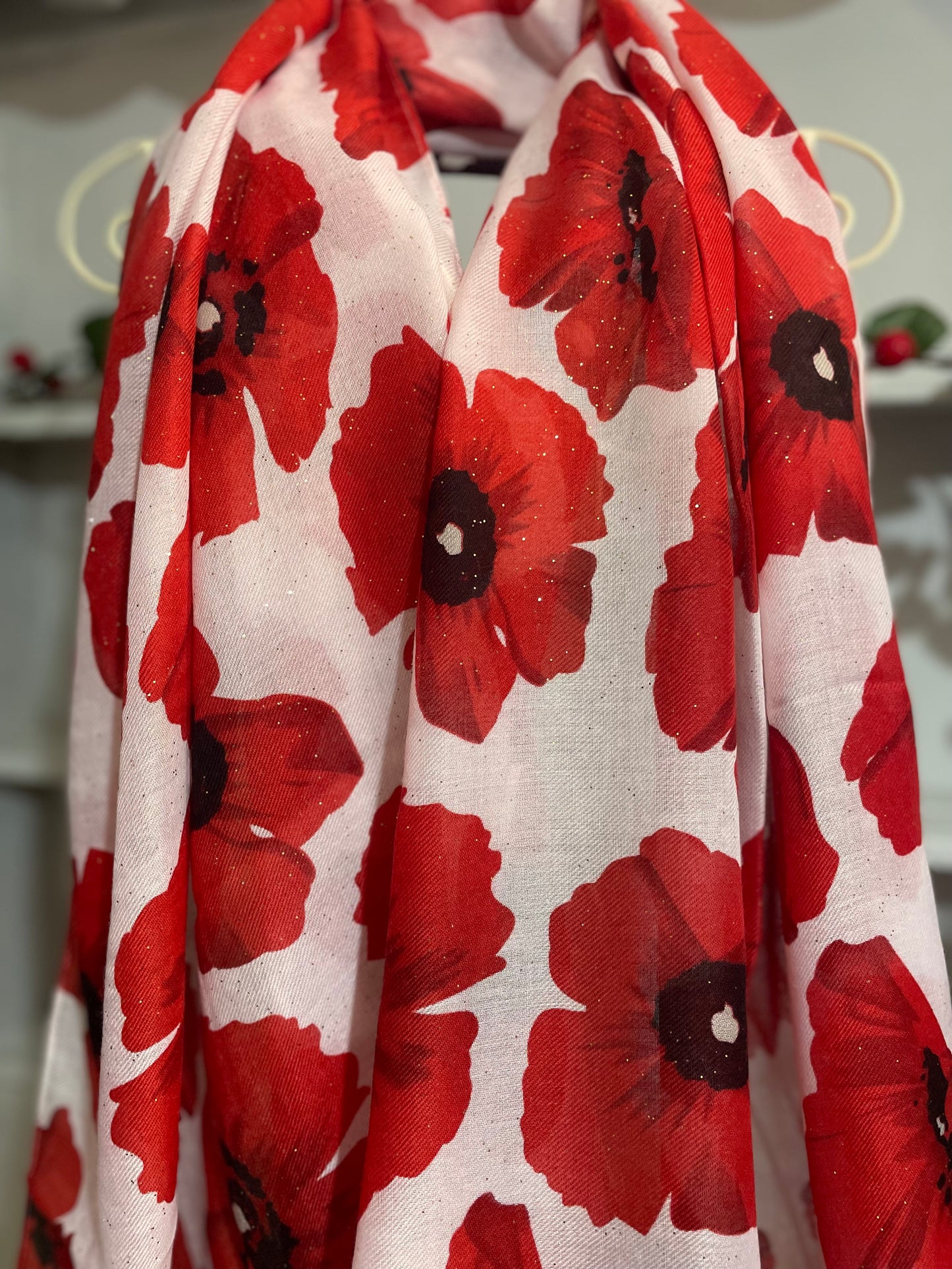 Poppy sparkle red and white scarf