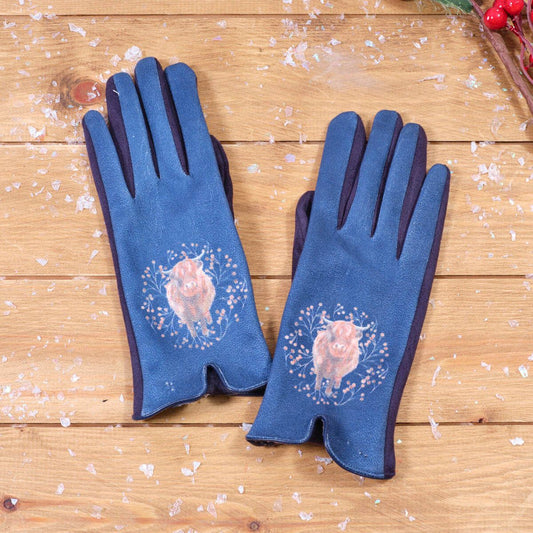Highland cow design gloves - blue