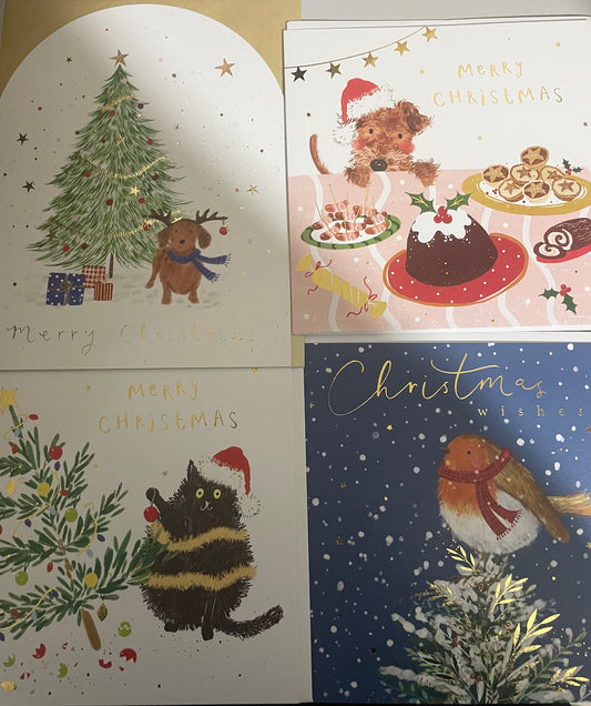 Christmas card pack of 4- printed in Britain on 100% recycled card - furry friends