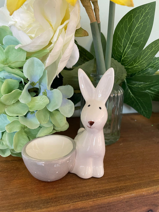 Ceramic sitting rabbit with egg or tea light holder