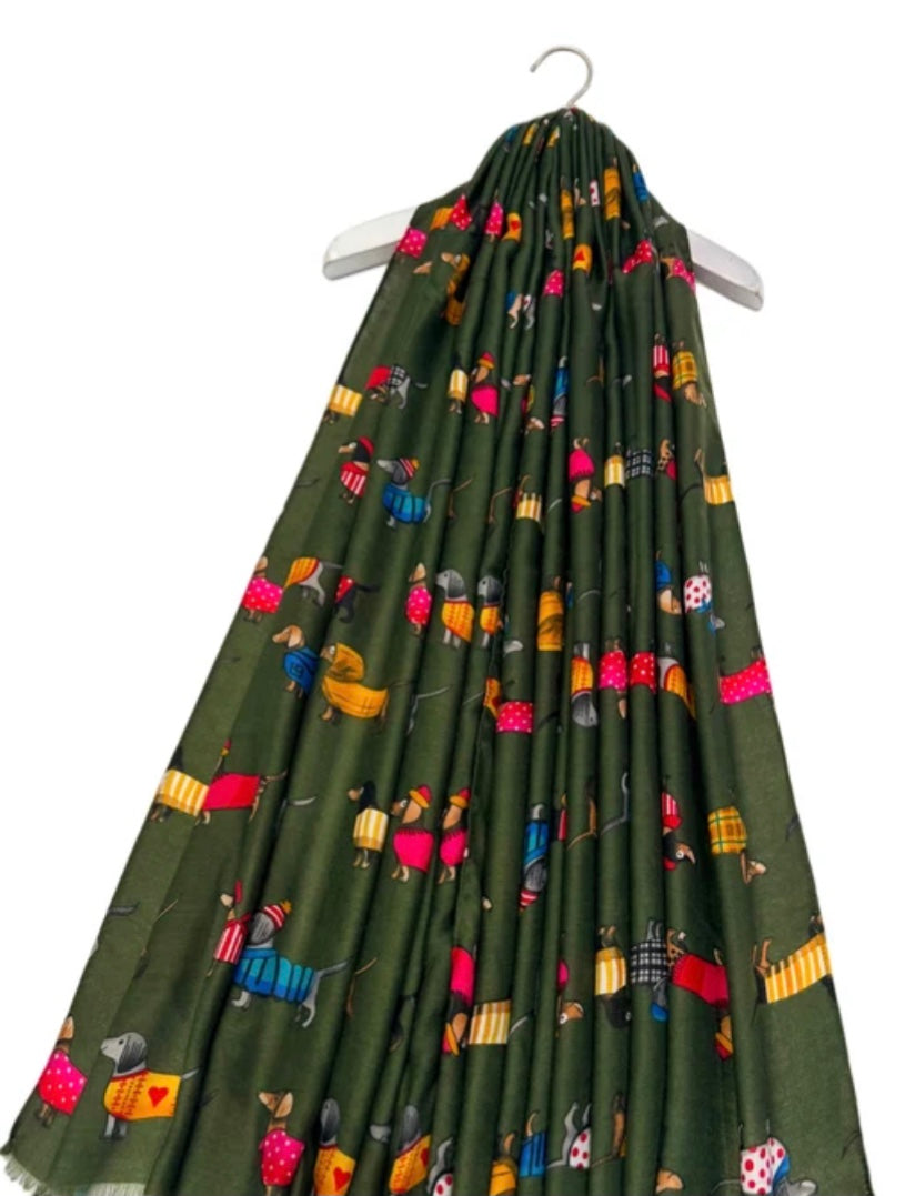 Dachshund design scarf green