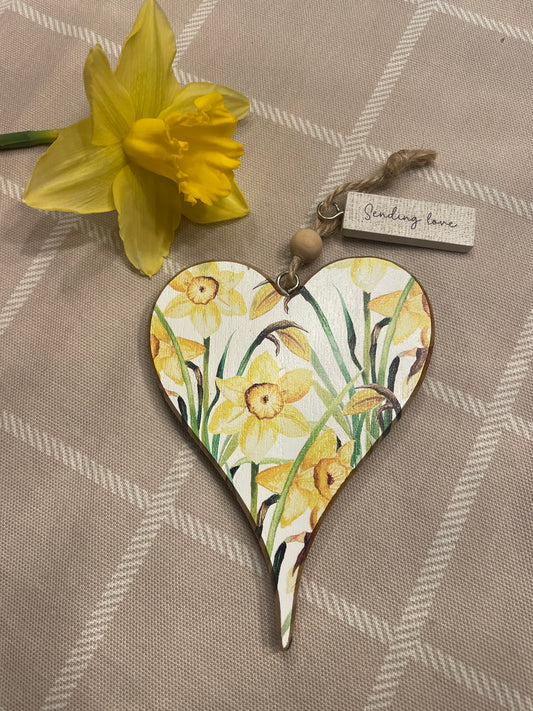 Daffodil heart wood decoration with words sending love