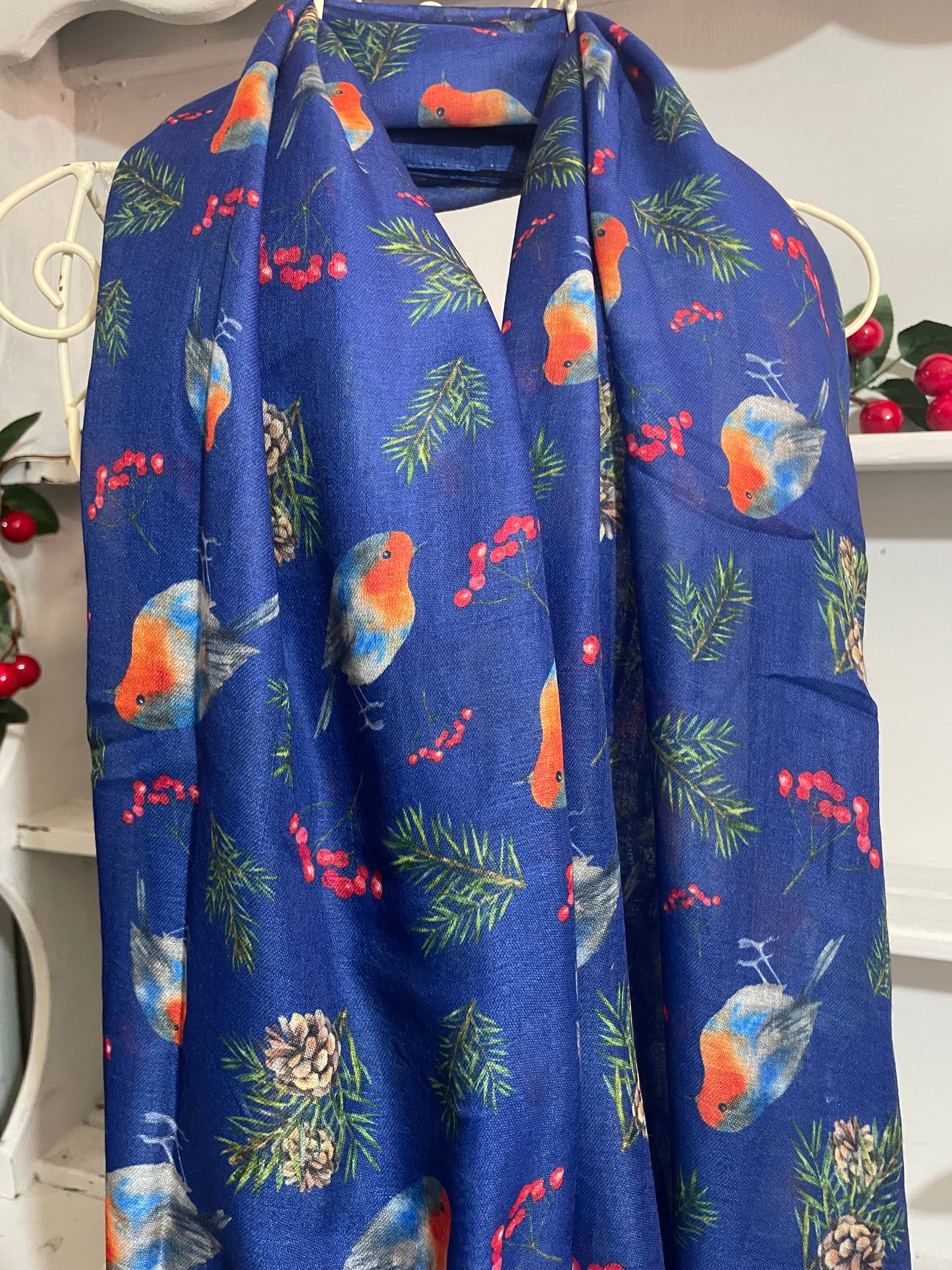 Festive robin and berry print scarf - blue