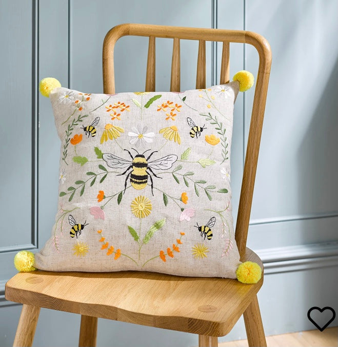 Embroidered bee Pom Pom beautiful cushion
