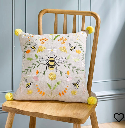 Embroidered bee Pom Pom beautiful cushion