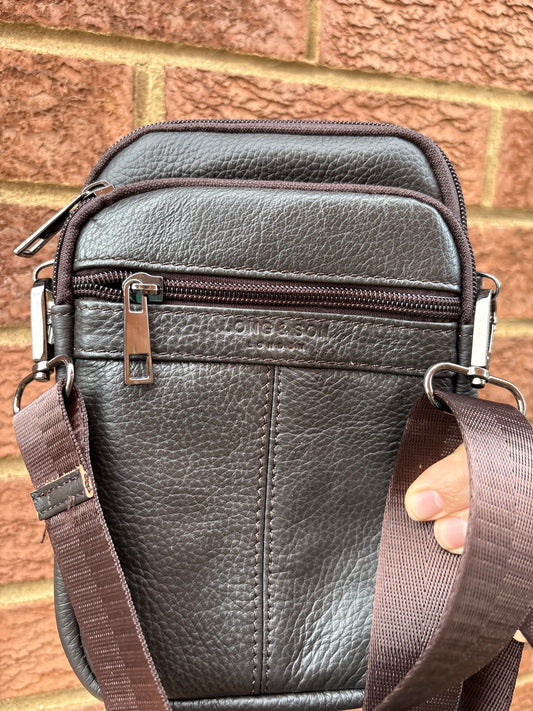 Leather style cross body strap bag zipped pockets coffee colour