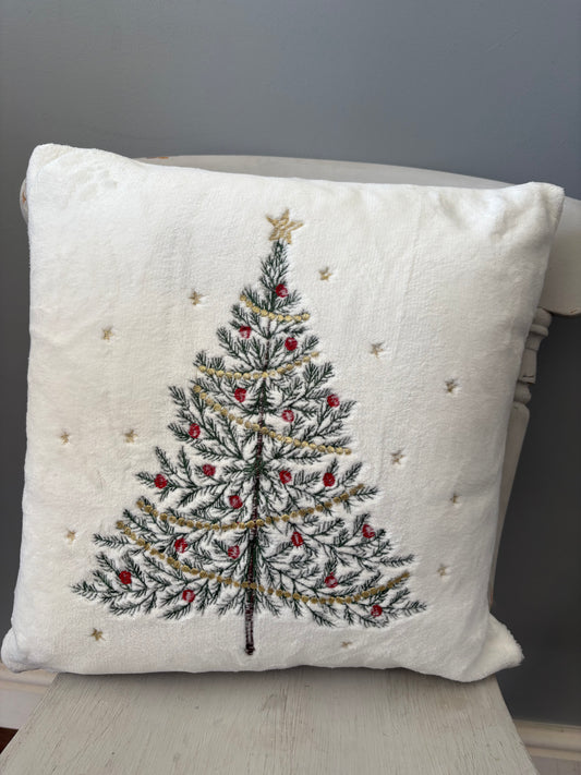 Fluffy white christmas snow tree embroidered cushion