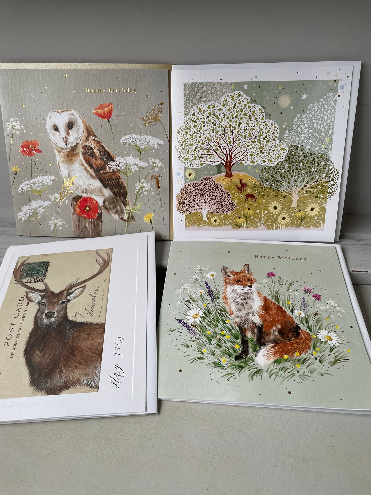 Beautiful card pack of 4 - printed in Britain on 100% recycled card - stag and owl