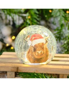 Frosted crackle led highland cow glass bauble