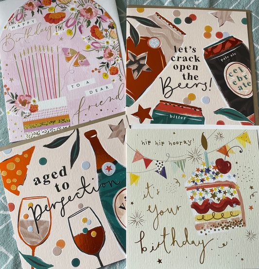 Pack of 4 - Recycled, British made, Eco friendly cards- gents/lady birthday