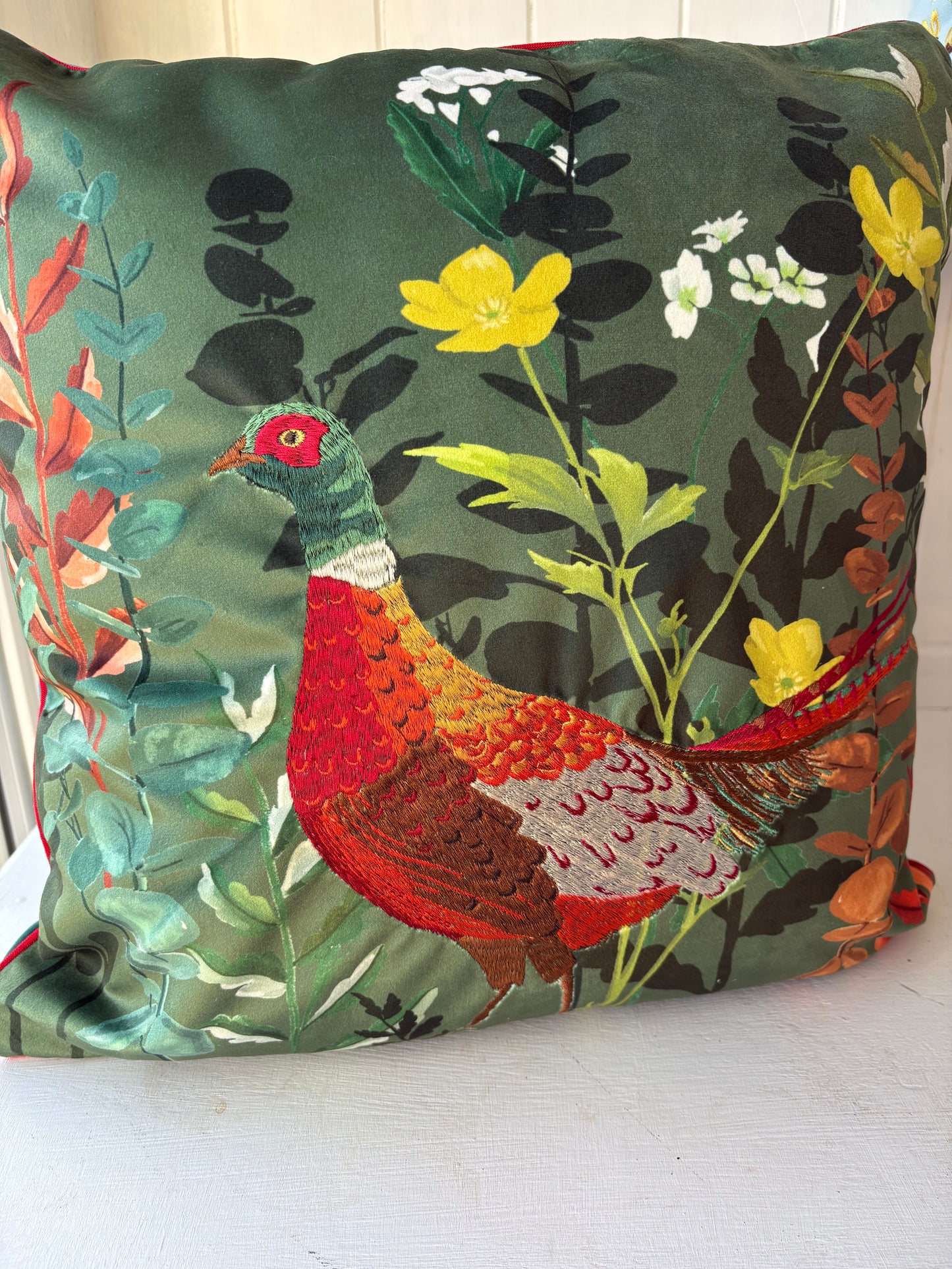 Pheasant embroidered velvet cushion