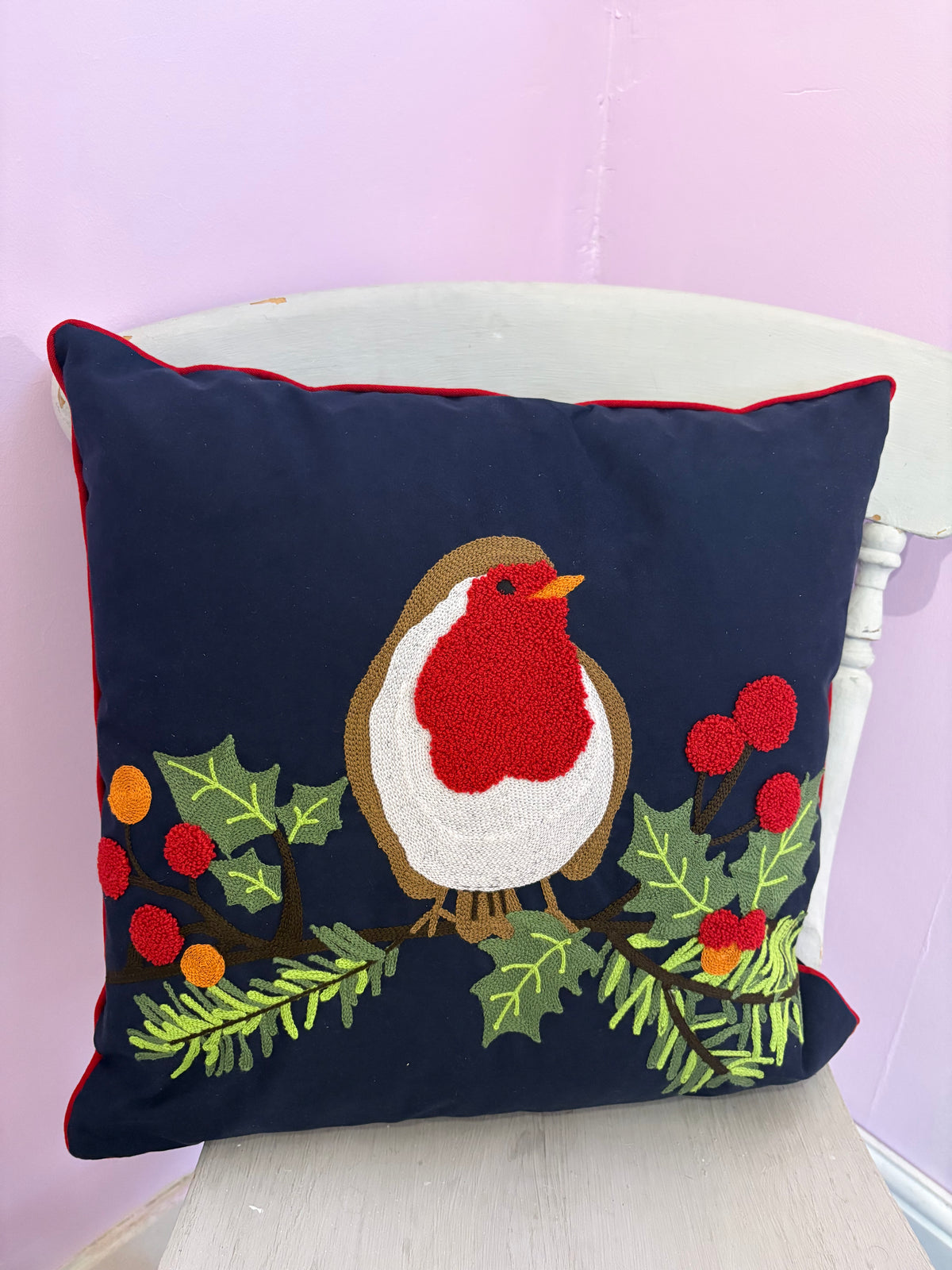 Handmade embroidered robin cushion