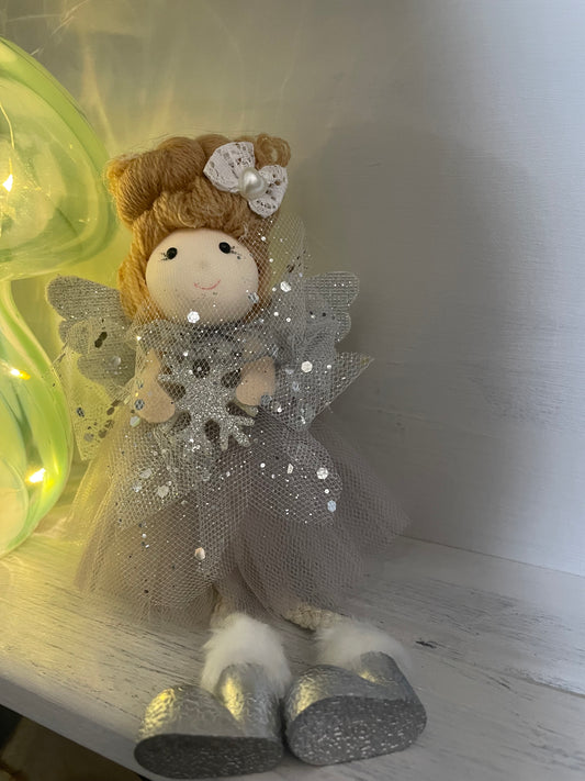 White sparkle angel -festive fairy shelf sitter decoration - silver