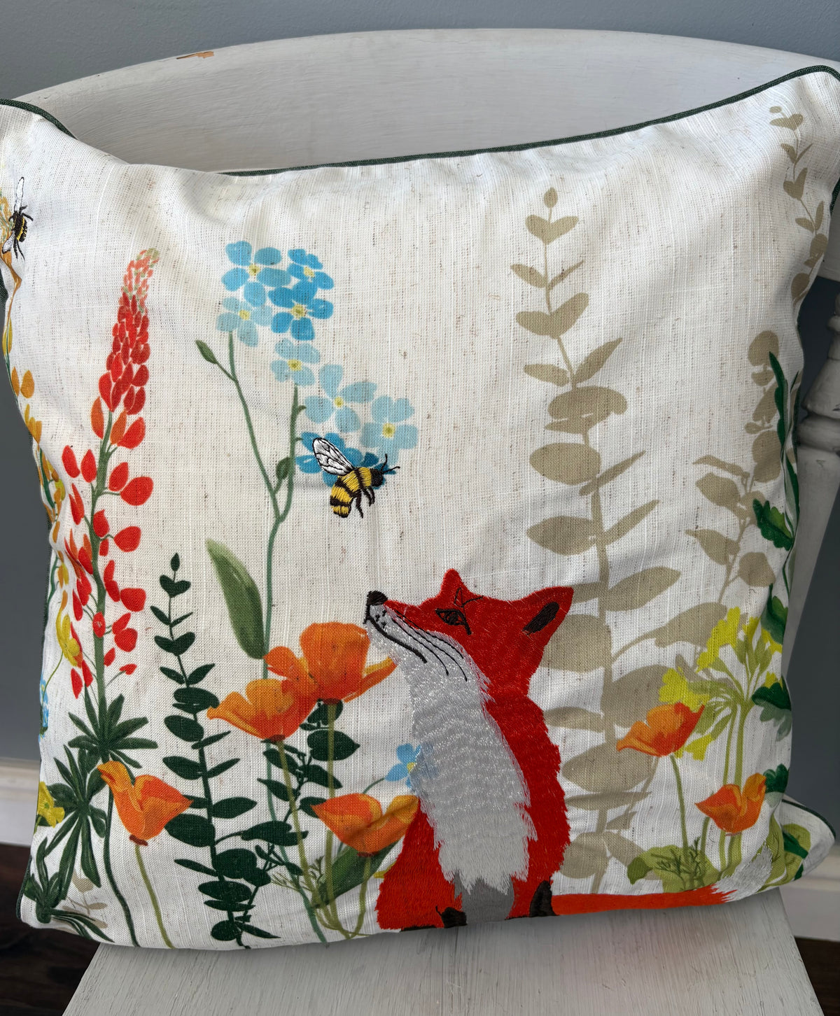 Country fox embroidered cushion