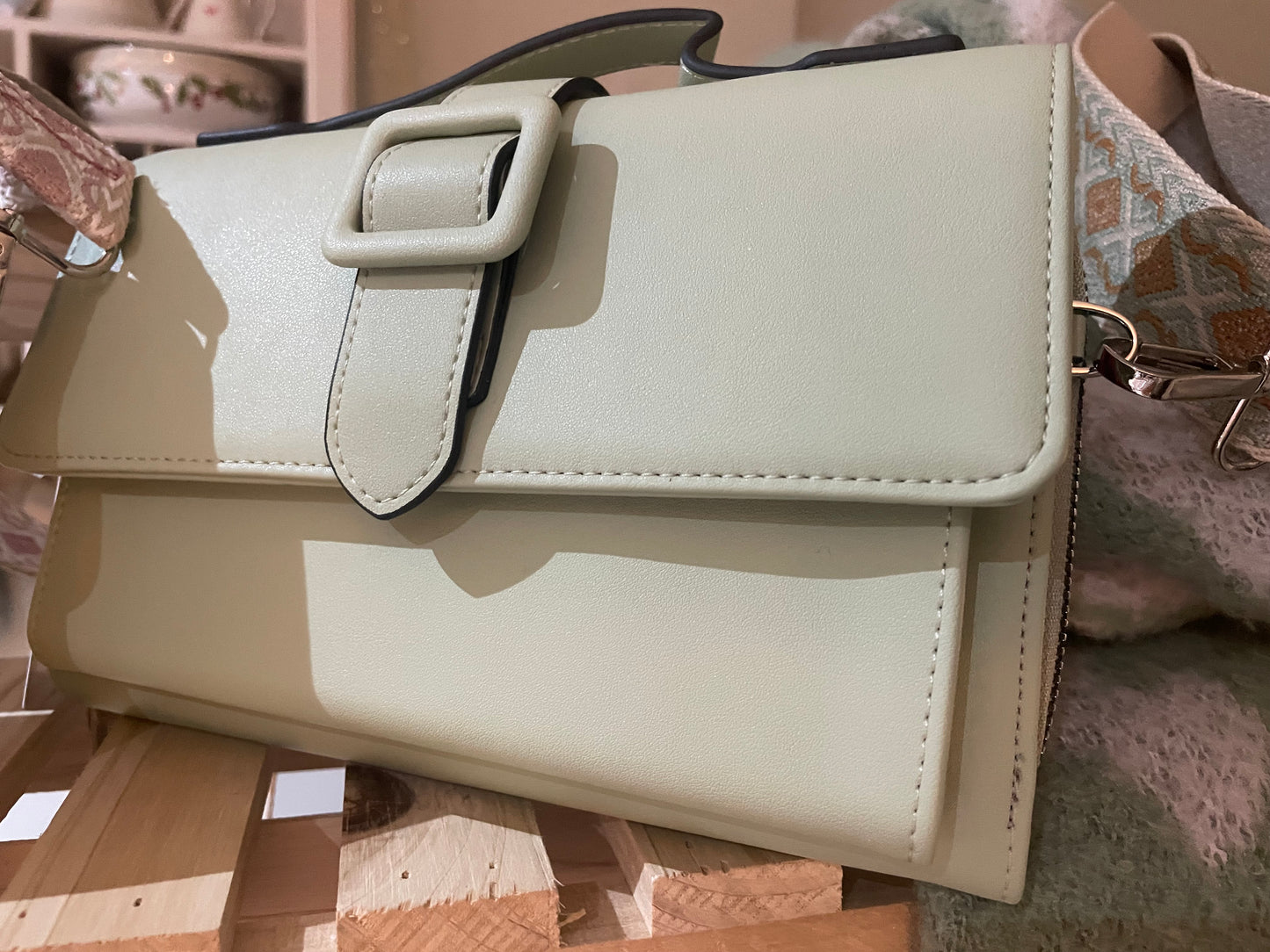 Clutch bag with canvas pattern strap - cream