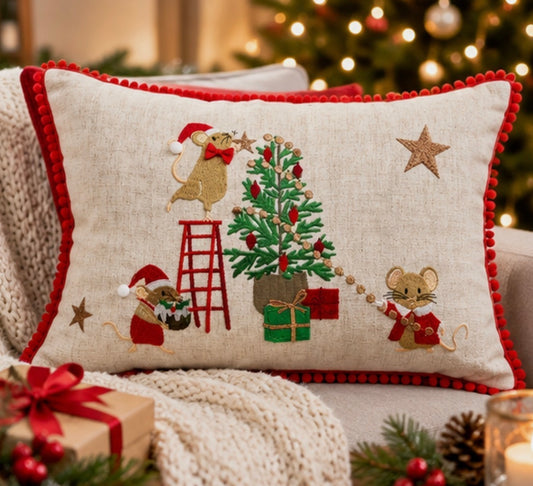 Merry mice festive embroidered cushion
