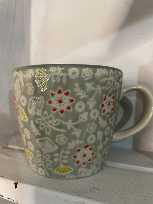 Floral design handmade cup -grey and red