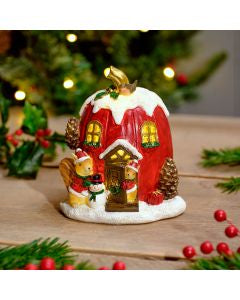 Festive Robin LED christmas house with squirrels