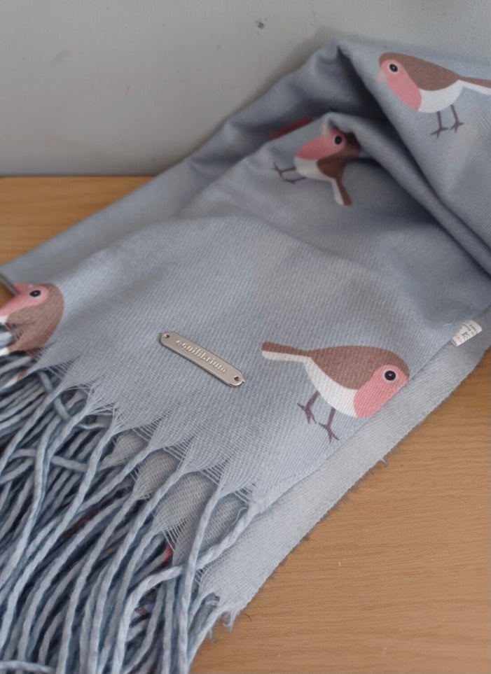 Grey super soft scarf with robin design