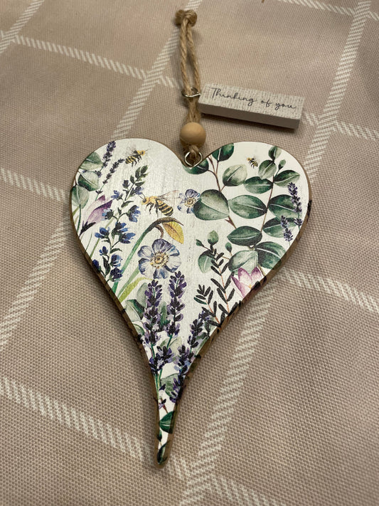 Spring wildflowers wood heart with words thinking of you