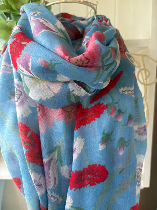 Carnation design summer blue scarf