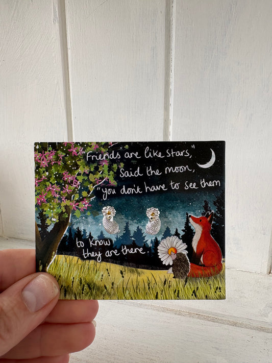 Fox under the moon “friends” hedgehog silver plated earrings