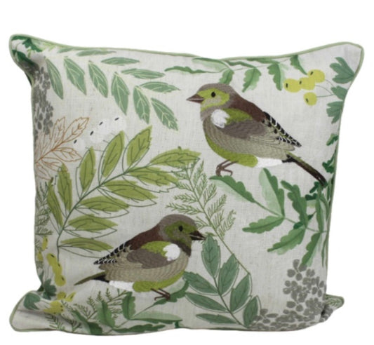 Greenfinch garden bird embroidered cushion