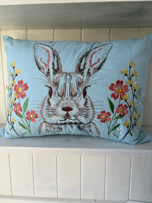 Embroidered rabbit design oblong cushion