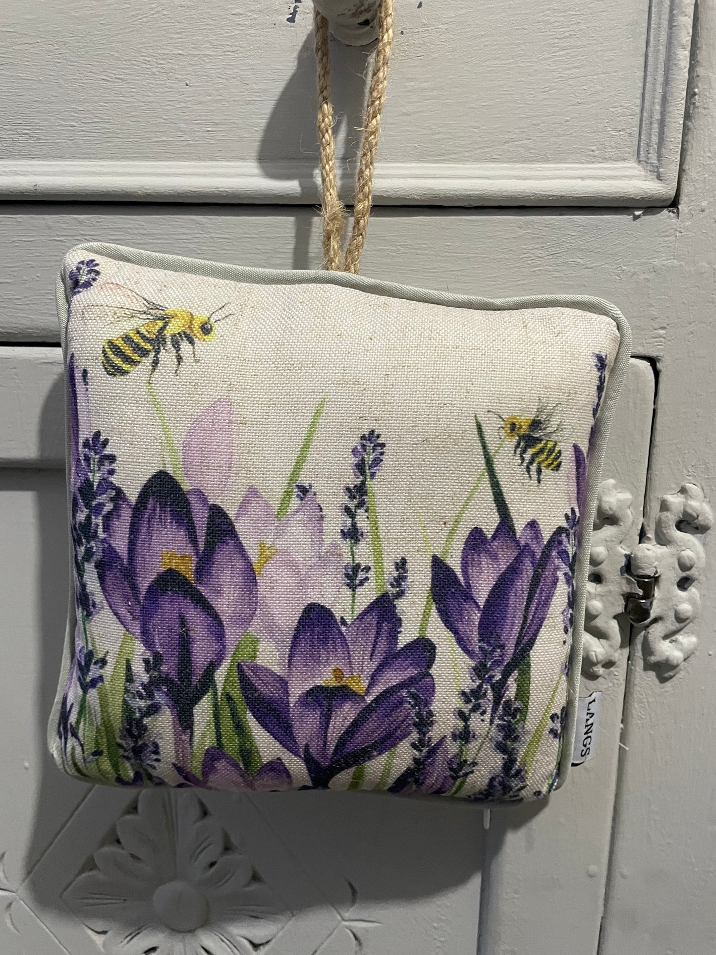 Crocus and bee design square hanging cushion