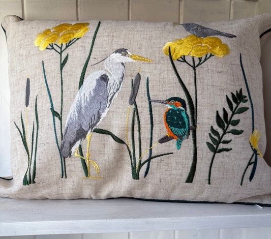 Heron and kingfisher cushion oblong