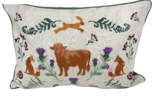 Highland cow embroidered oblong cushion