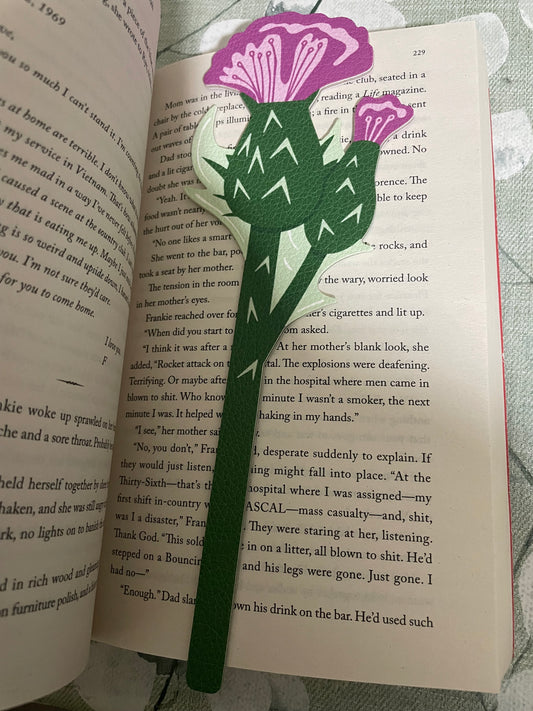 Leather style bookmark - thistle