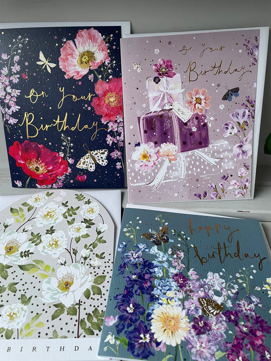 Beautiful card pack of 4 - printed in Britain on 100% recycled card - lovely birthday flowers